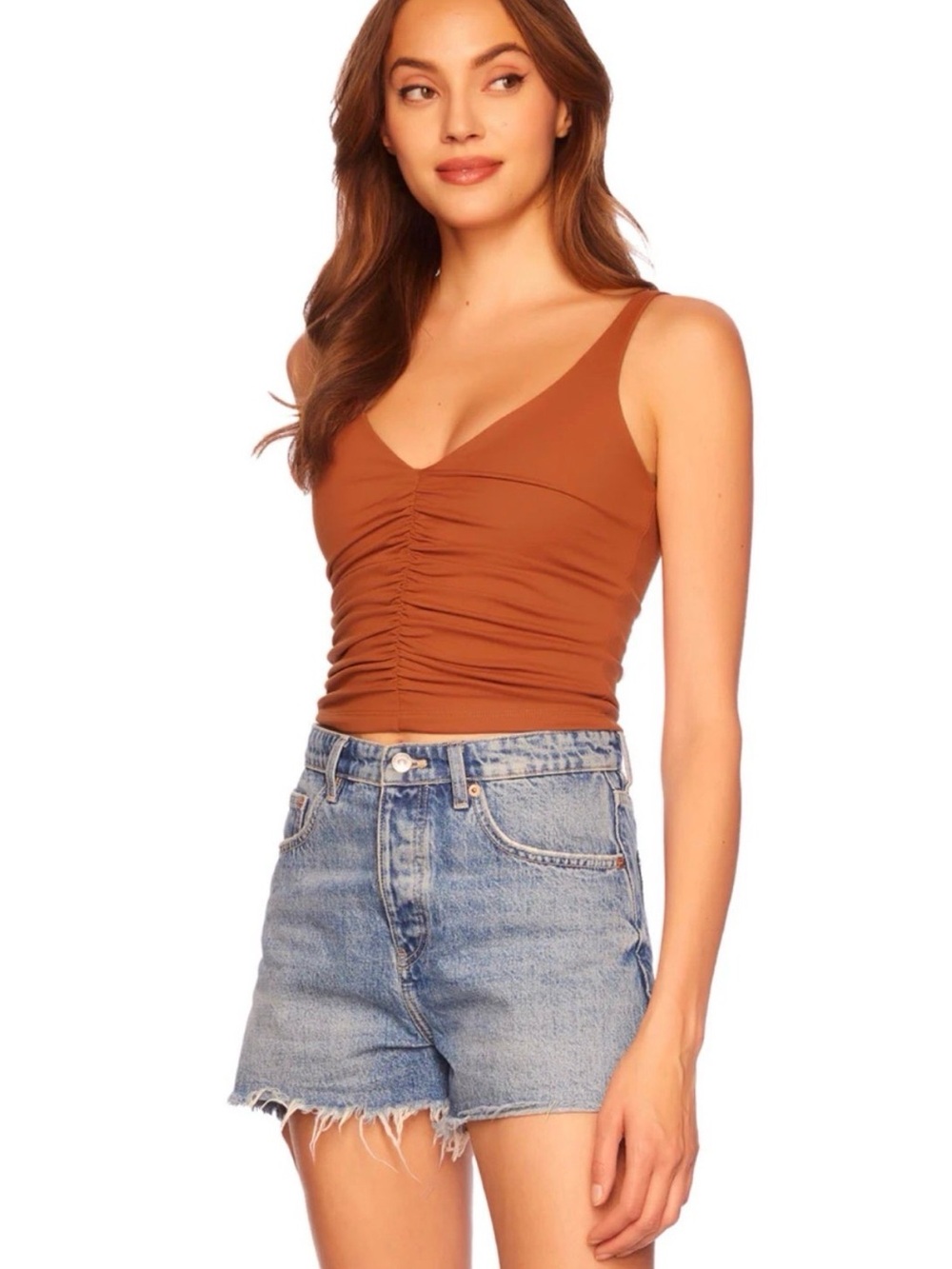 Susana Monaco Rust Brown Ruched V-Neck crop Tank top